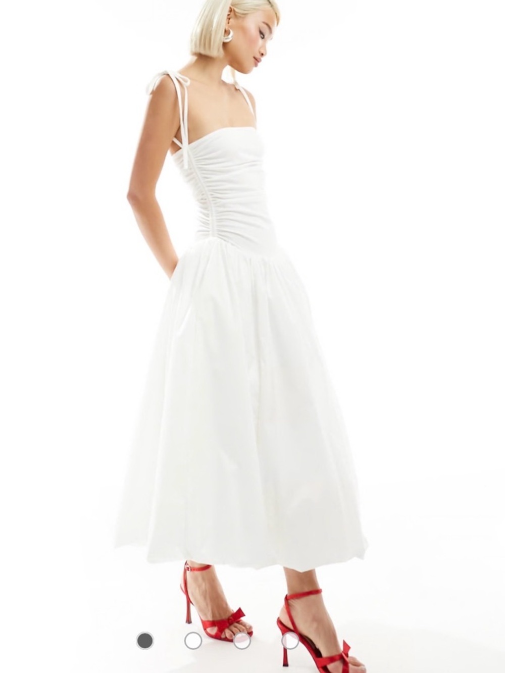 Amy Lynn Alexa Tie-Shoulder Midi Dress Poplin Drop Waist Bubble Skirt White - Picture 3 of 11
